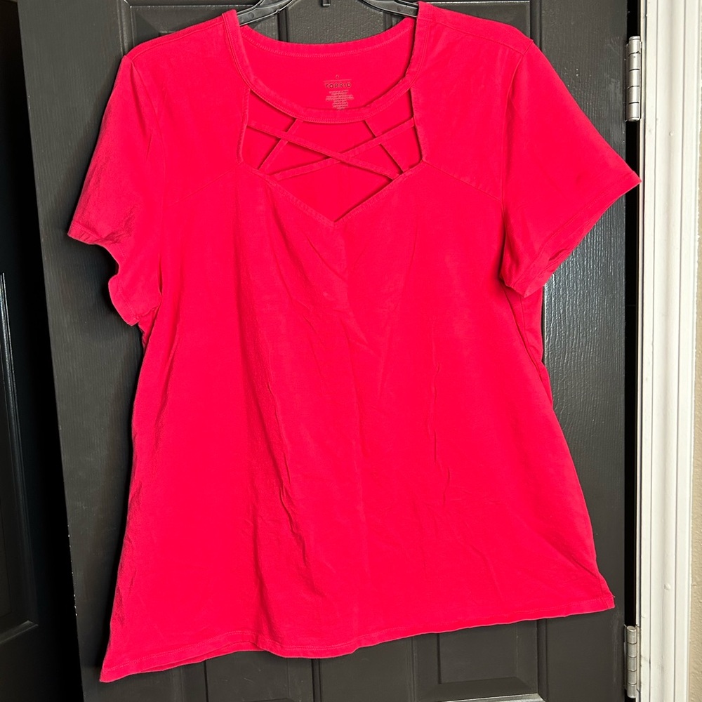 Torrid Hot Pink Fitted Tee with Strap Design on Chest
